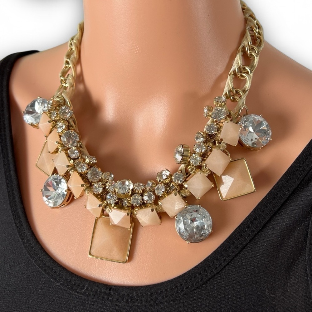Cha-Cha Oversized Rhinestones & Peach Resin Chain Necklace With Lobster Clasp